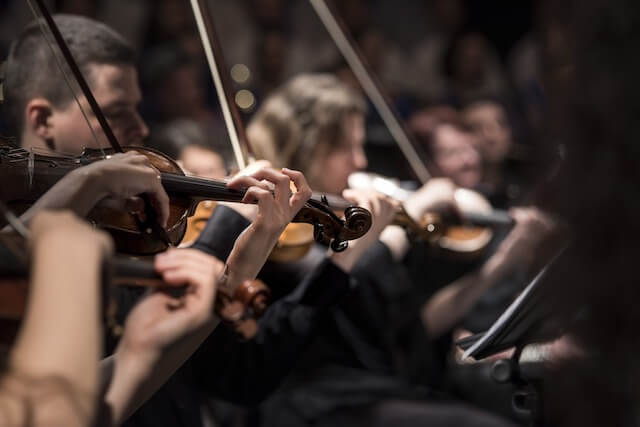 Musicians playing violins, wearing black attire, with blurred audience in the background.