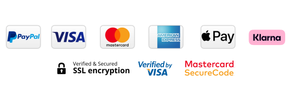 Payment icons in various colours: PayPal, Visa, Mastercard, American Express, Apple Pay, Klarna.