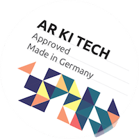 Circular logo featuring colourful geometric shapes and text: "AR KI TECH Approved Made in Germany.
