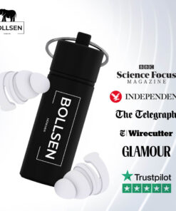 Black water bottle with white earbuds, featuring various magazine logos in the background.