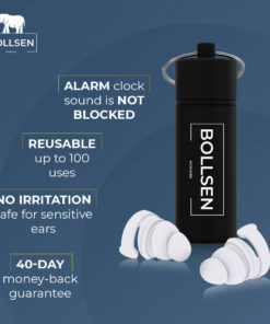 Black reusable container with white earplugs, featuring text about alarm sound and guarantees.