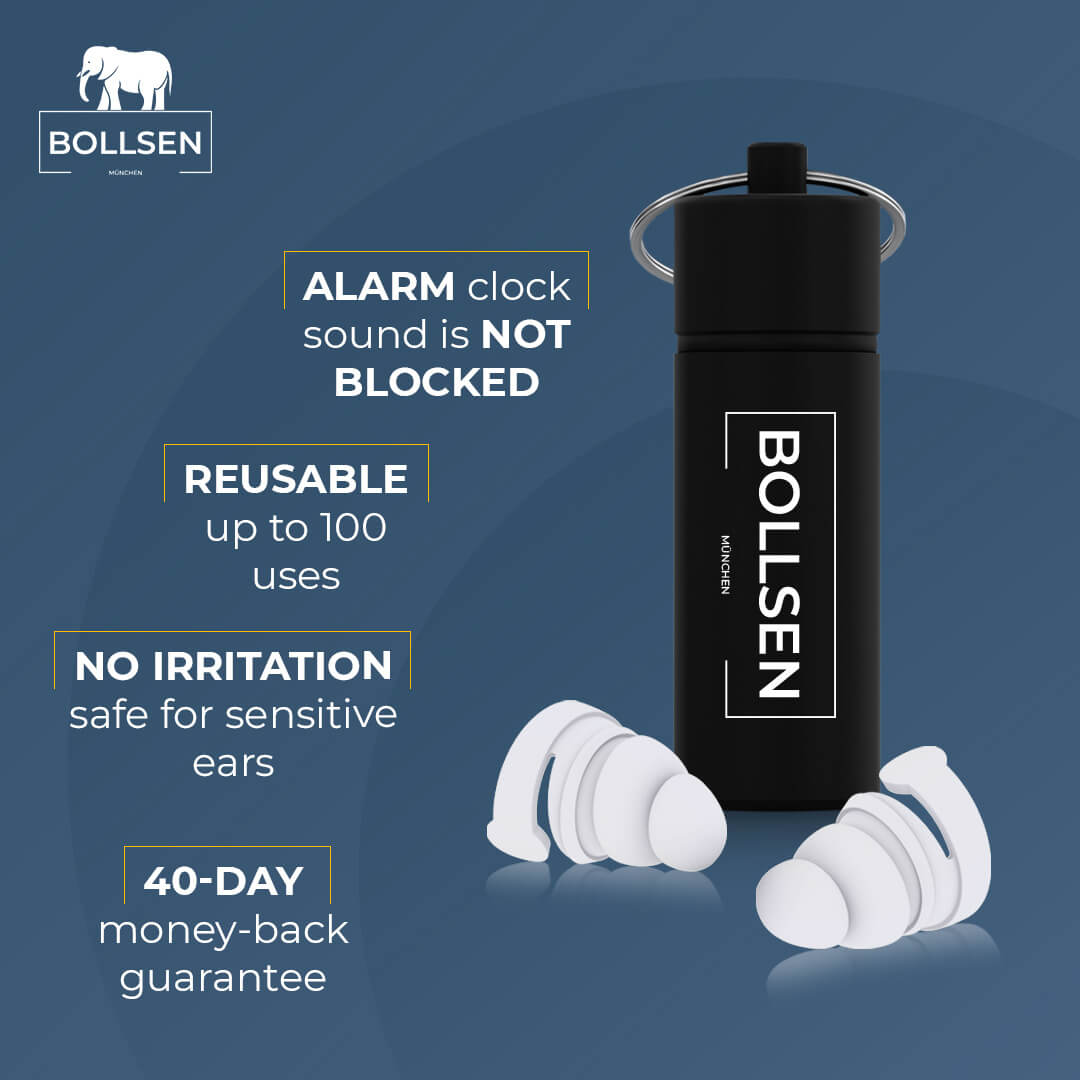 Black reusable container with white earplugs, featuring text about alarm sound and guarantees.