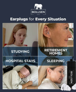 Four images showing women using earplugs in various situations: studying, retirement homes, hospitals, and sleeping.