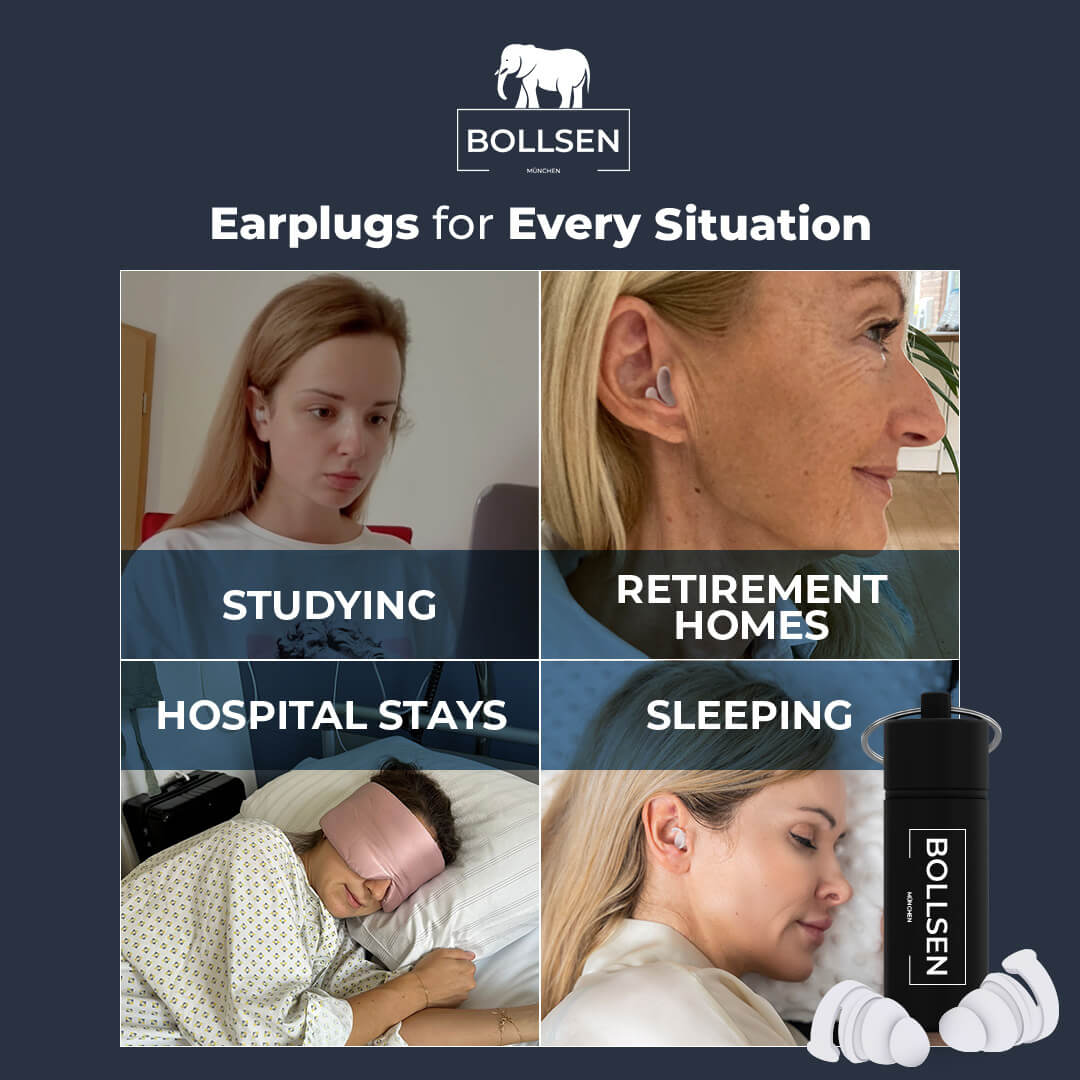 Four images showing women using earplugs in various situations: studying, retirement homes, hospitals, and sleeping.