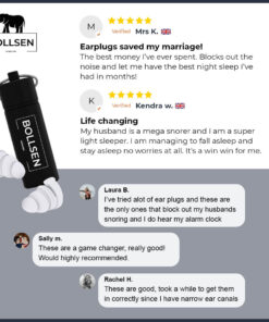 Black earplug case with white earplugs, featuring customer reviews and a logo.