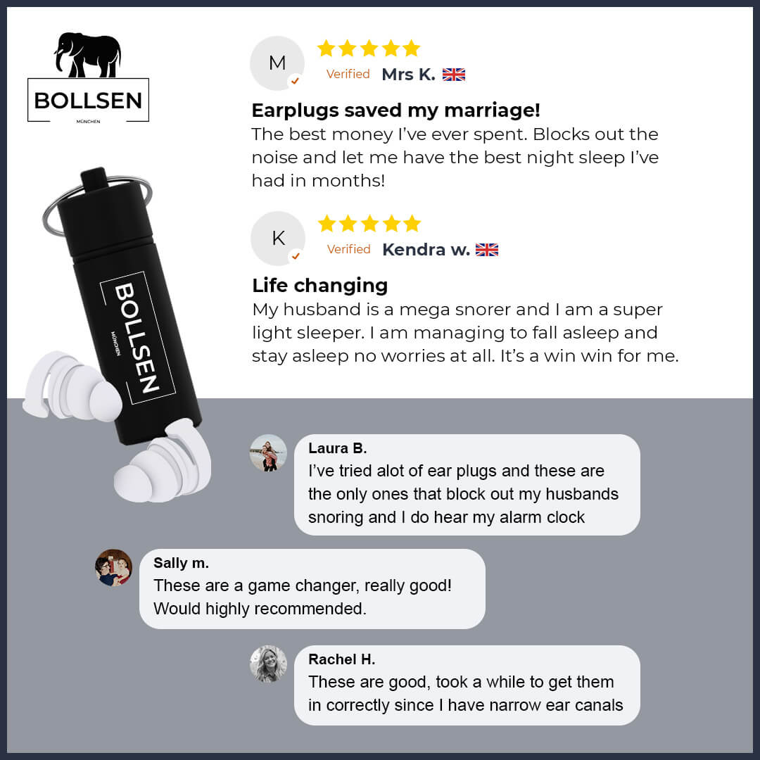 Black earplug case with white earplugs, featuring customer reviews and a logo.