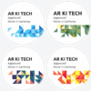 Four circular labels featuring geometric patterns in blue, green, orange, and yellow. It is the logo of AR KI Tech Online AI Ear measurement