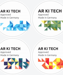 Four circular labels featuring geometric patterns in blue, green, orange, and yellow. It is the logo of AR KI Tech Online AI Ear measurement