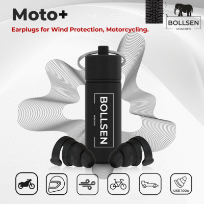 BOLLSEN Moto+ reusable motorcycle earplugs with black aluminum carry case and aerodynamic filter design for wind and engine noise protection.