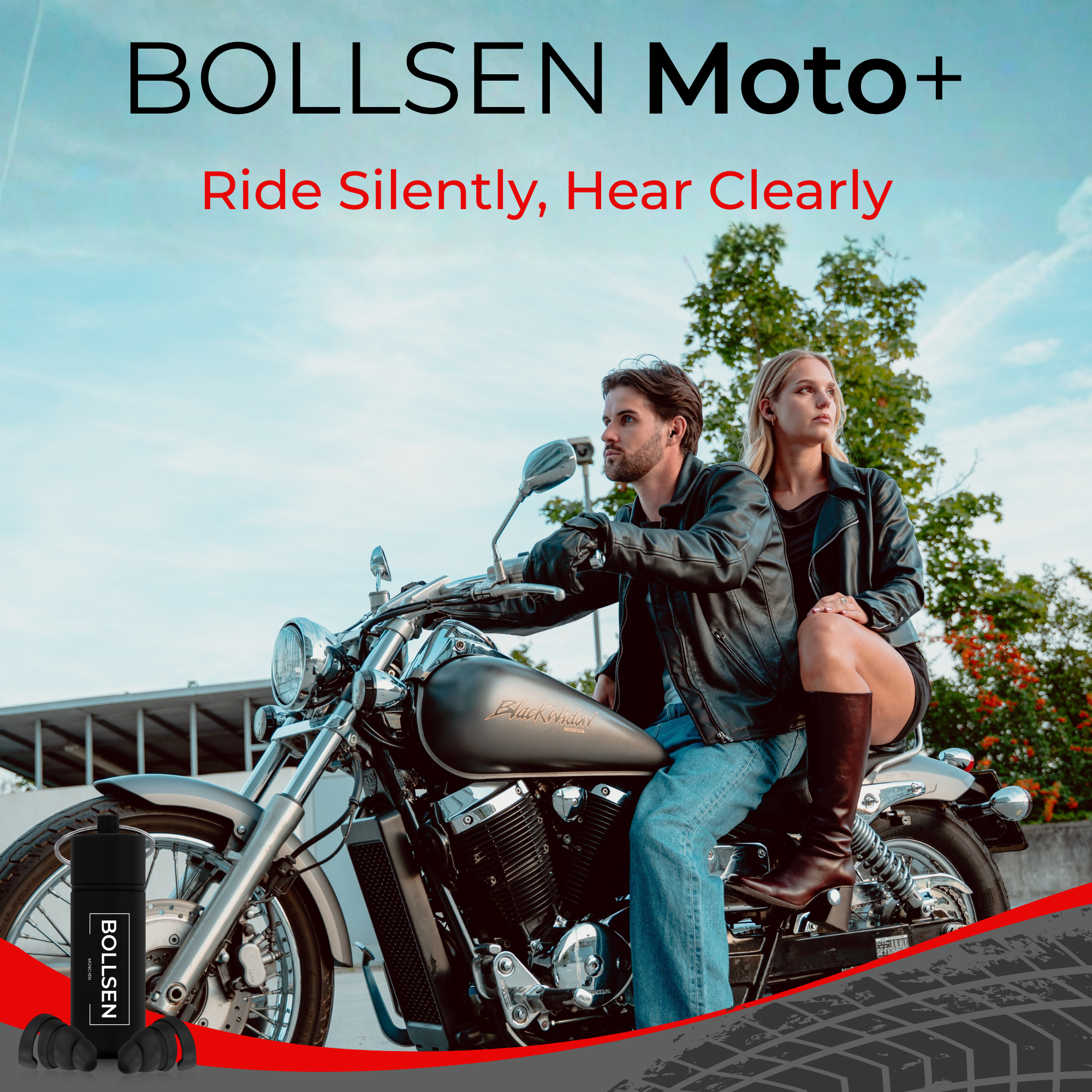 Motorcyclist wearing BOLLSEN Moto+ earplugs while riding a bike, tagline “Ride Silently, Hear Clearly” emphasizing comfort and safety.