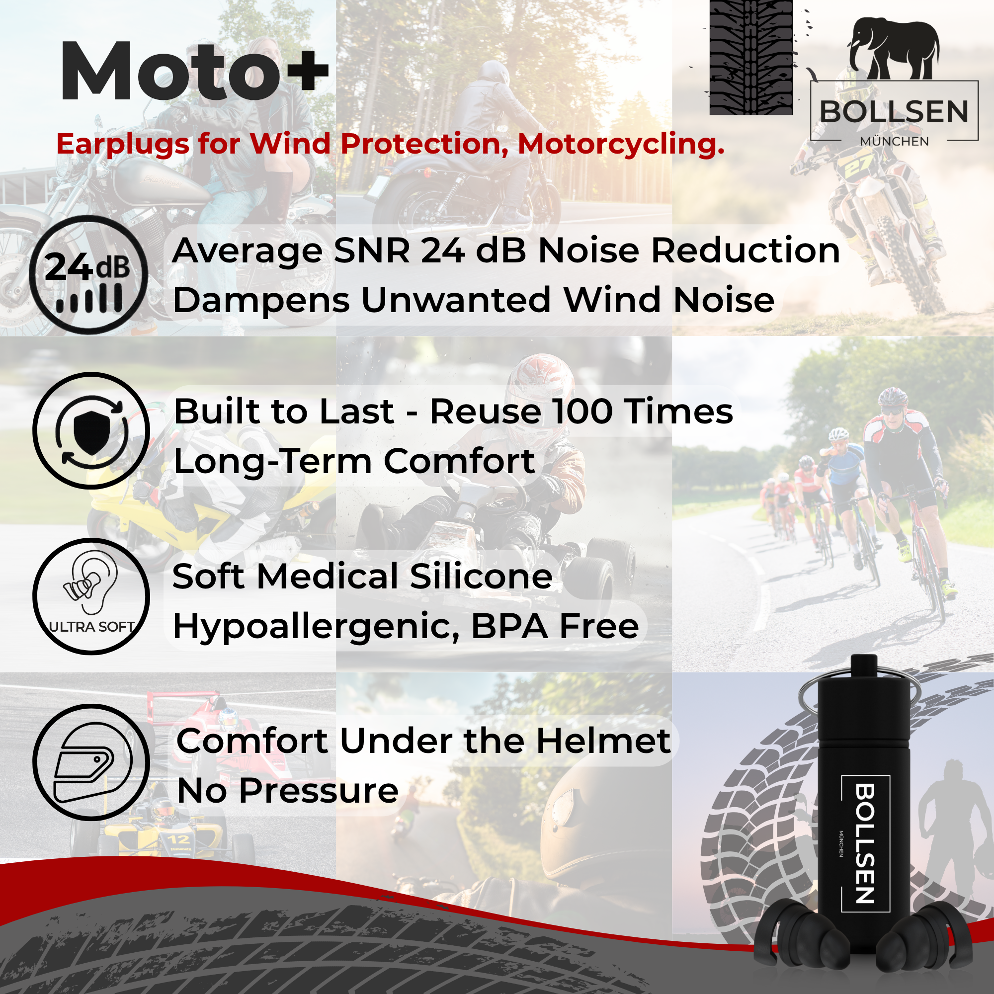 BOLLSEN Moto+ infographic showing 24 dB noise reduction, soft medical silicone, reusable design, and comfortable fit under helmets.