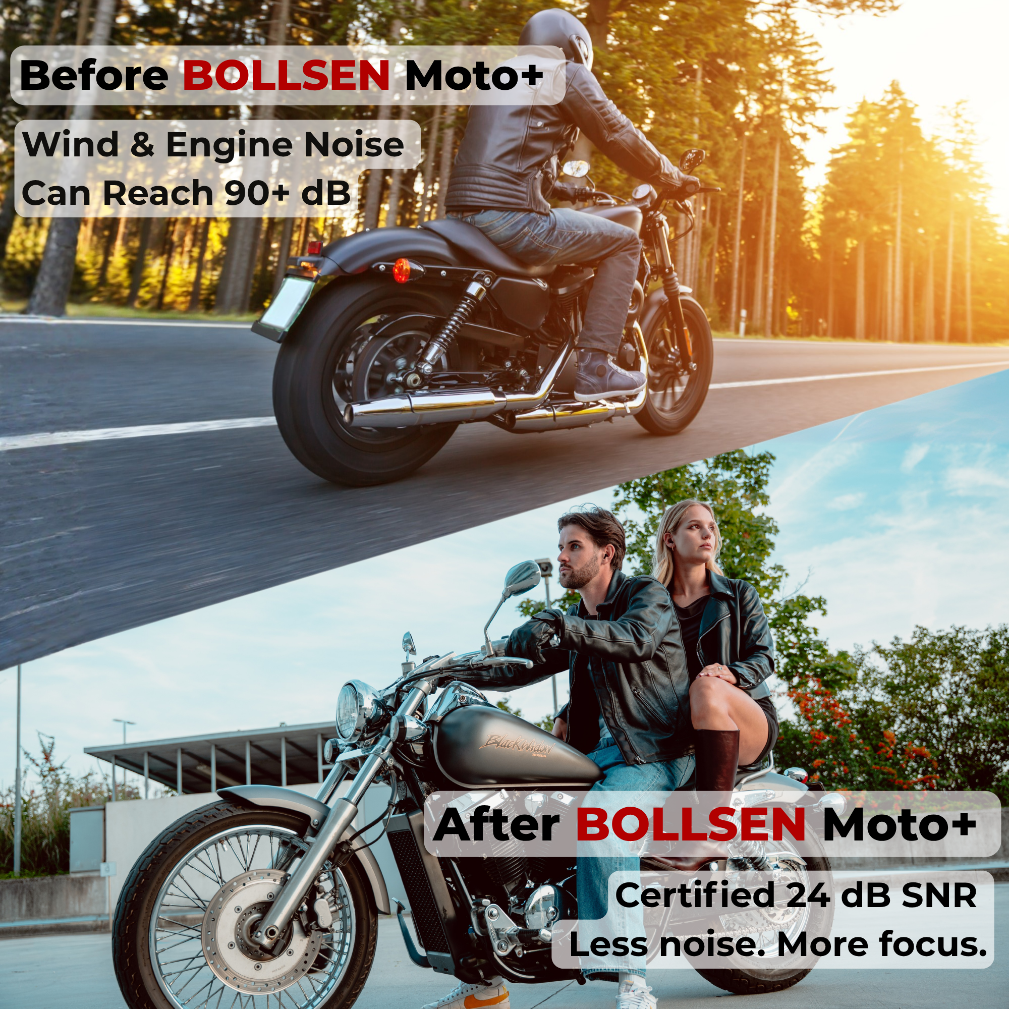 Before and after using BOLLSEN Moto+ earplugs on a motorcycle ride, demonstrating clear sound awareness and reduced wind fatigue.