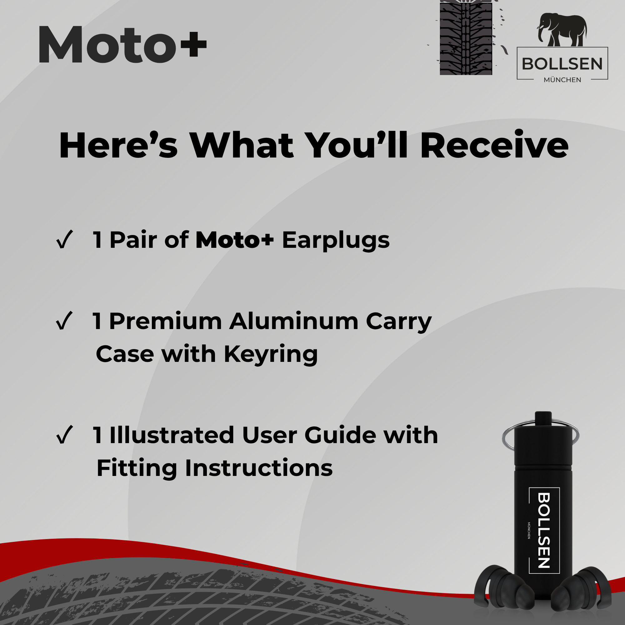 BOLLSEN Moto+ product packaging including reusable earplugs, aluminum keyring carry case, and illustrated fitting instructions.
