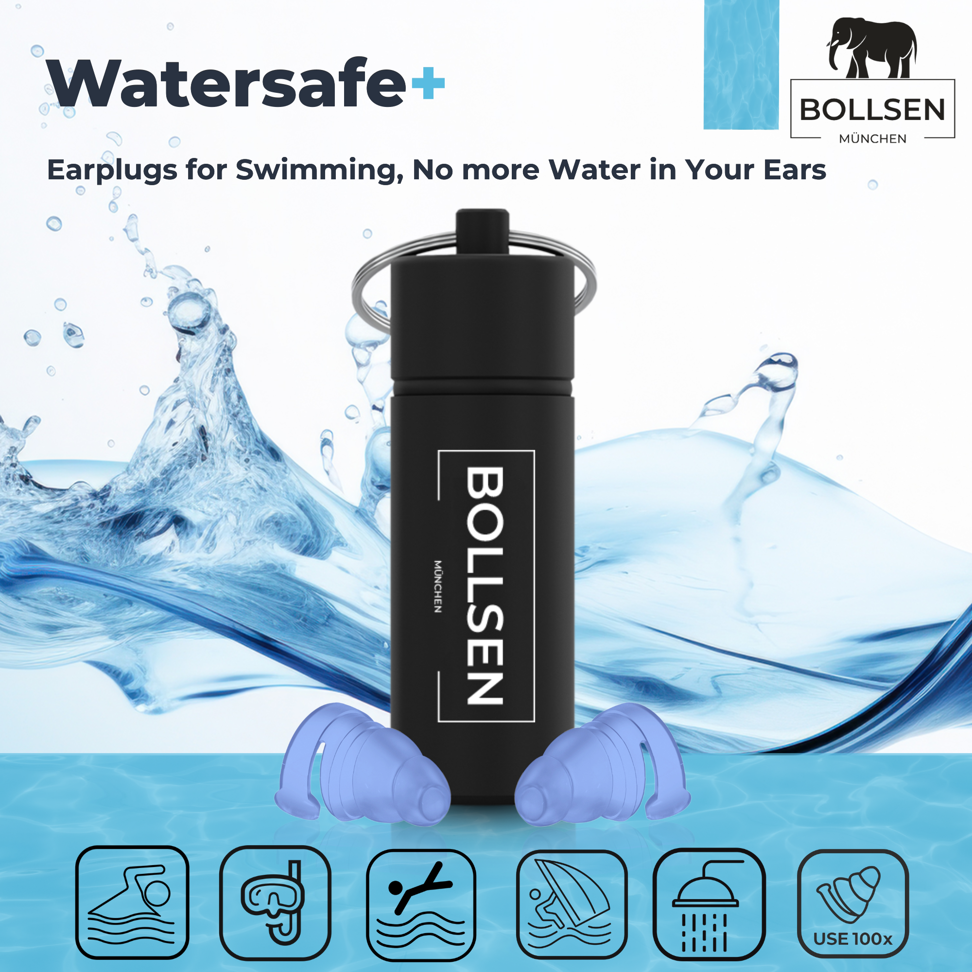 BOLLSEN Watersafe+ reusable earplugs for swimming shown with black aluminum carry case and blue silicone plugs against water splash background, designed to prevent water in ears