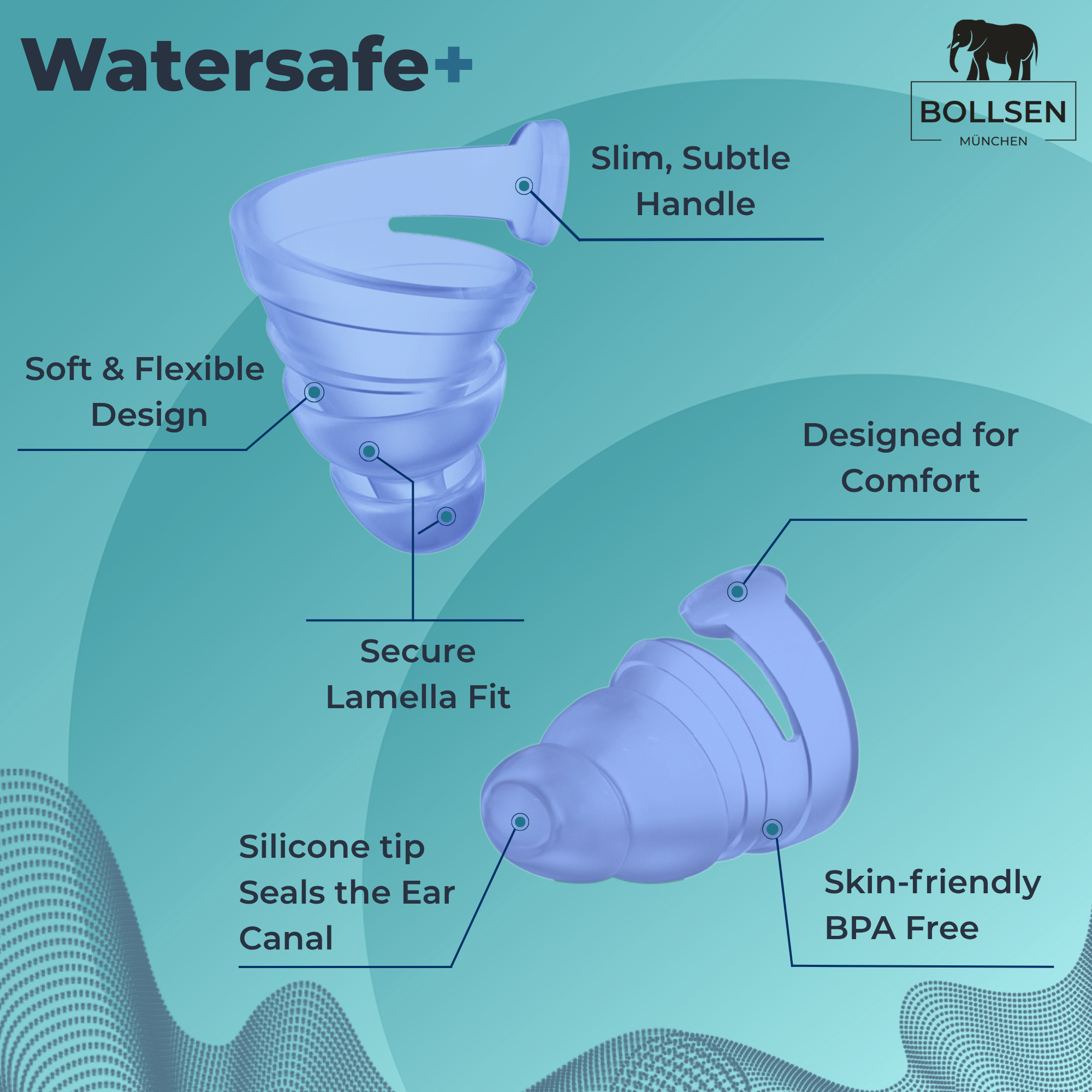 Close-up of BOLLSEN Watersafe+ triple-flange silicone earplug with ergonomic design, Safe & Sound acoustic filter, and waterproof seal