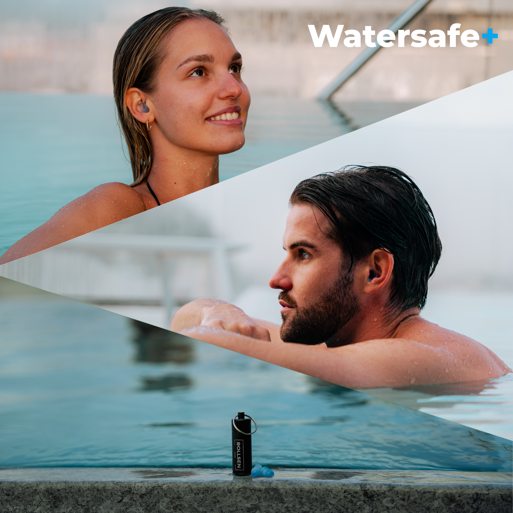 Man and woman using BOLLSEN Watersafe+ earplugs while swimming and relaxing in pool, showing comfortable fit and waterproof protection
