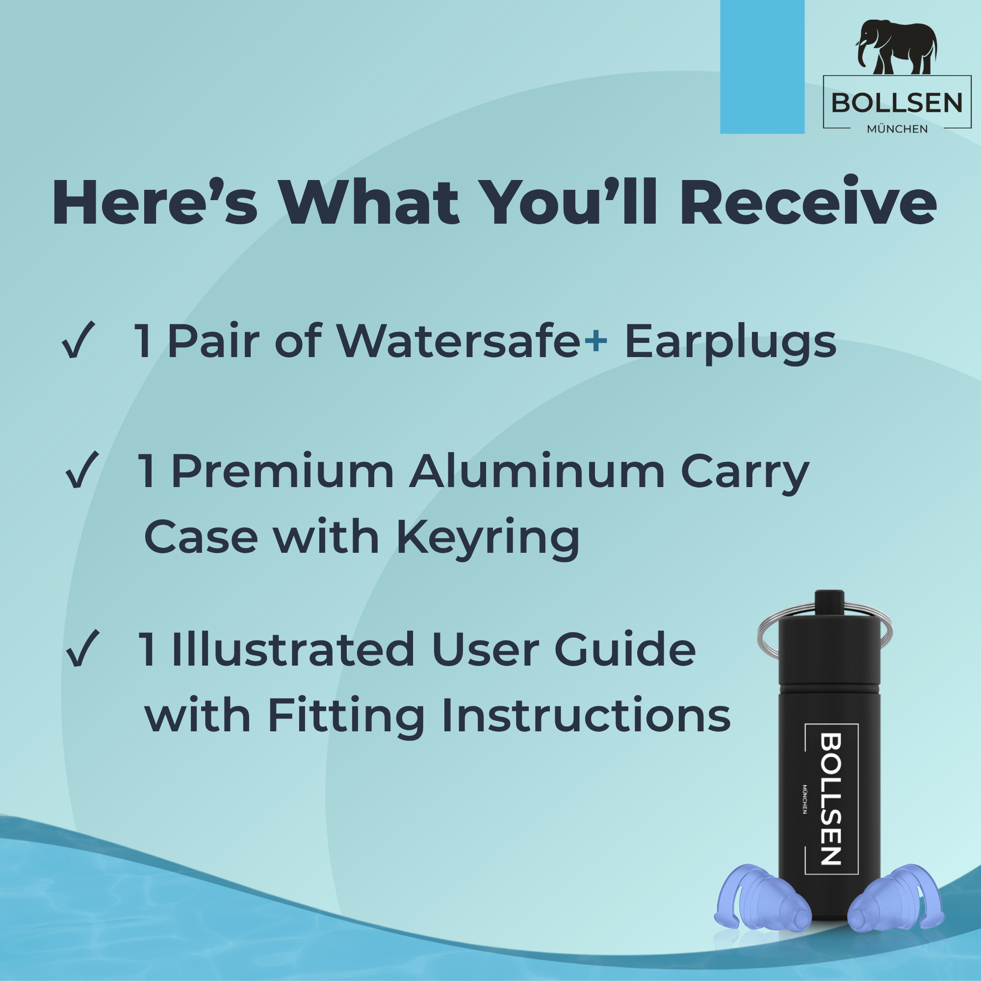 BOLLSEN Watersafe+ product package contents including one pair of reusable swimming earplugs, aluminum carry case with keyring, and illustrated user guide