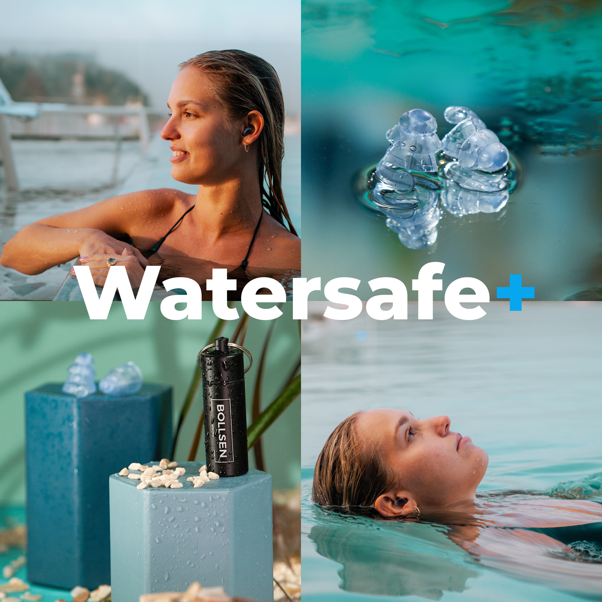Woman relaxing in a pool wearing BOLLSEN Watersafe+ reusable swimming earplugs, designed to keep water out and protect ears during swimming and spa use