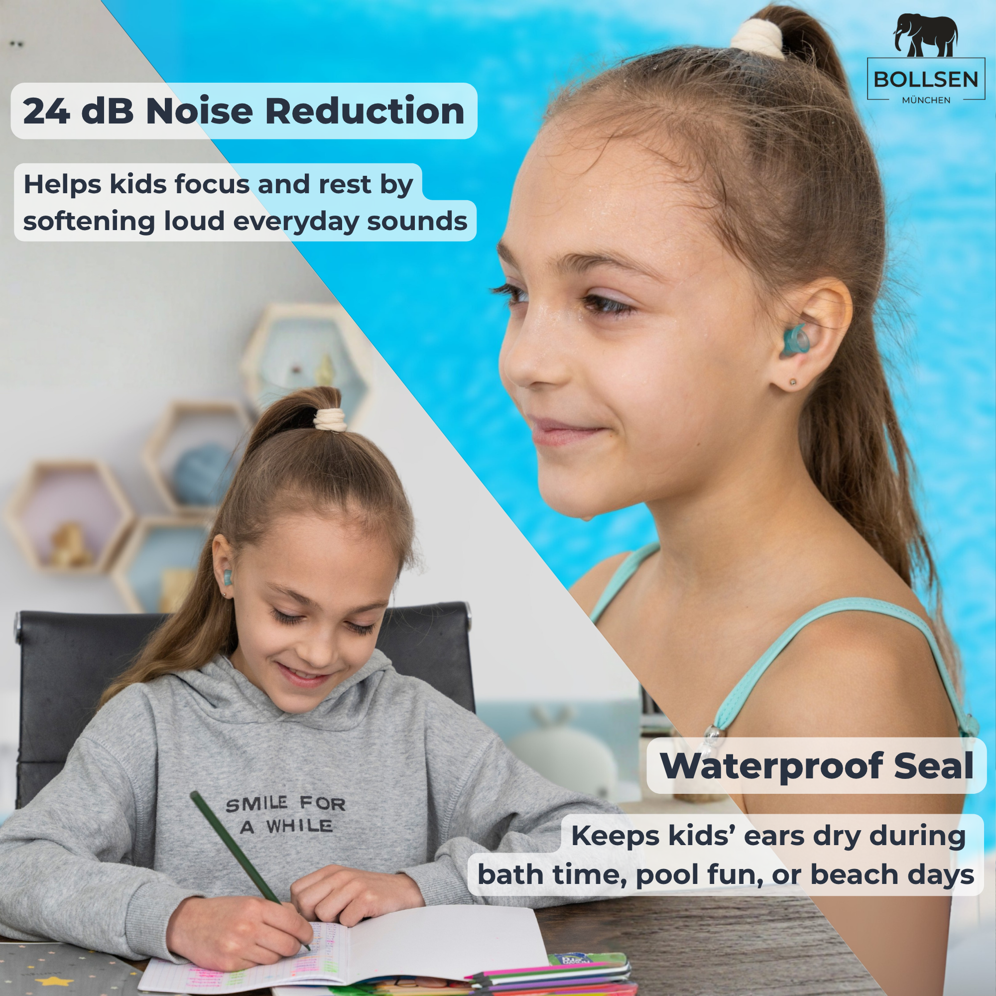 Smiling young girl wearing BOLLSEN KIDz+ earplugs while studying at desk, showing 24 dB noise reduction and soft waterproof seal.