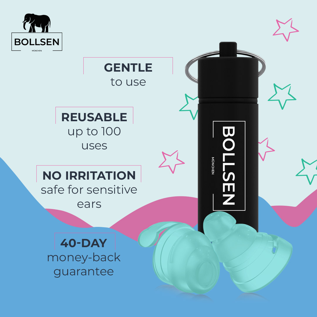 Black reusable bottle with teal earplugs on a pastel background with stars.