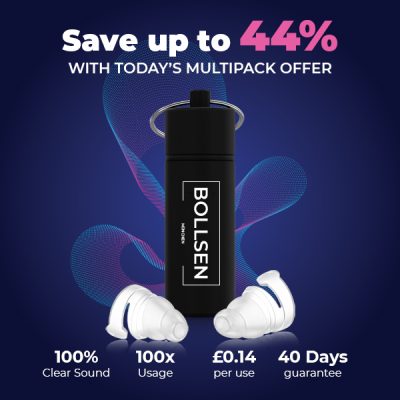 Black container with "BOLL SEN" label and white earplugs on a blue background.