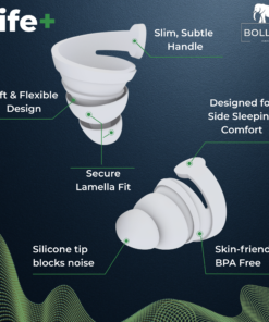 Close-up of BOLLSEN Life+ triple-flange silicone earplug with ergonomic shape and acoustic filter designed for sleeping comfort.