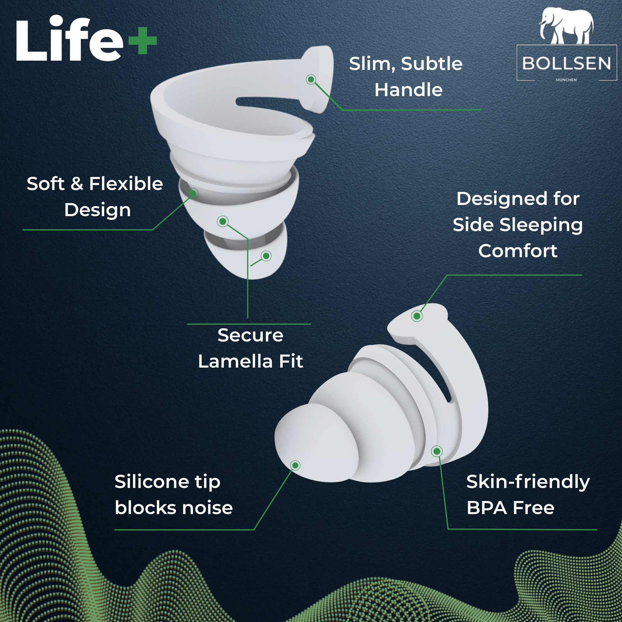 Close-up of BOLLSEN Life+ triple-flange silicone earplug with ergonomic shape and acoustic filter designed for sleeping comfort.