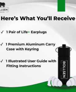 Package contents of BOLLSEN Life+ earplugs showing aluminum carry case, reusable earplugs, and illustrated fitting instructions.