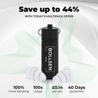 Black container with "BOLL SEN" label and white earplugs on a light background.