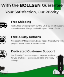 BOLLSEN Life+ earplugs banner showing free shipping, easy returns, and dedicated customer support included with every order