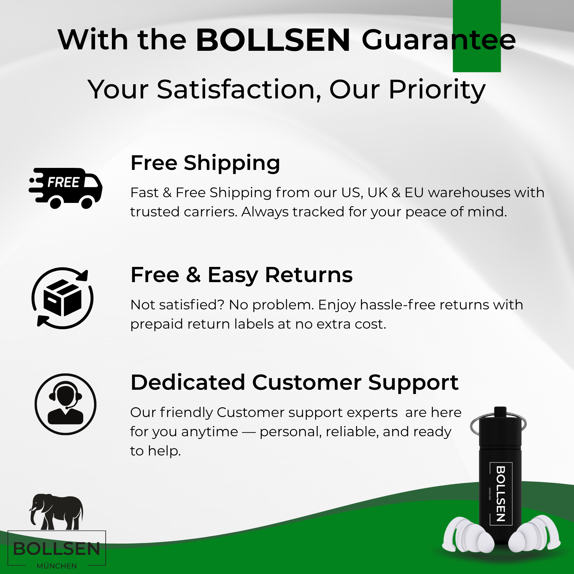 BOLLSEN Life+ earplugs banner showing free shipping, easy returns, and dedicated customer support included with every order
