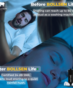Before and after comparison showing couple sleeping peacefully with BOLLSEN Life+ reusable earplugs blocking snoring and nighttime noise