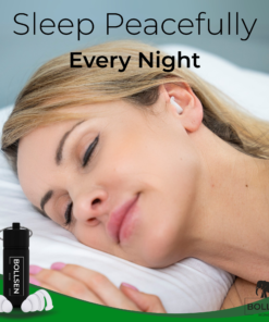 Woman sleeping peacefully with BOLLSEN Life+ earplugs for sleeping, showing soft fit and effective snoring noise reduction.