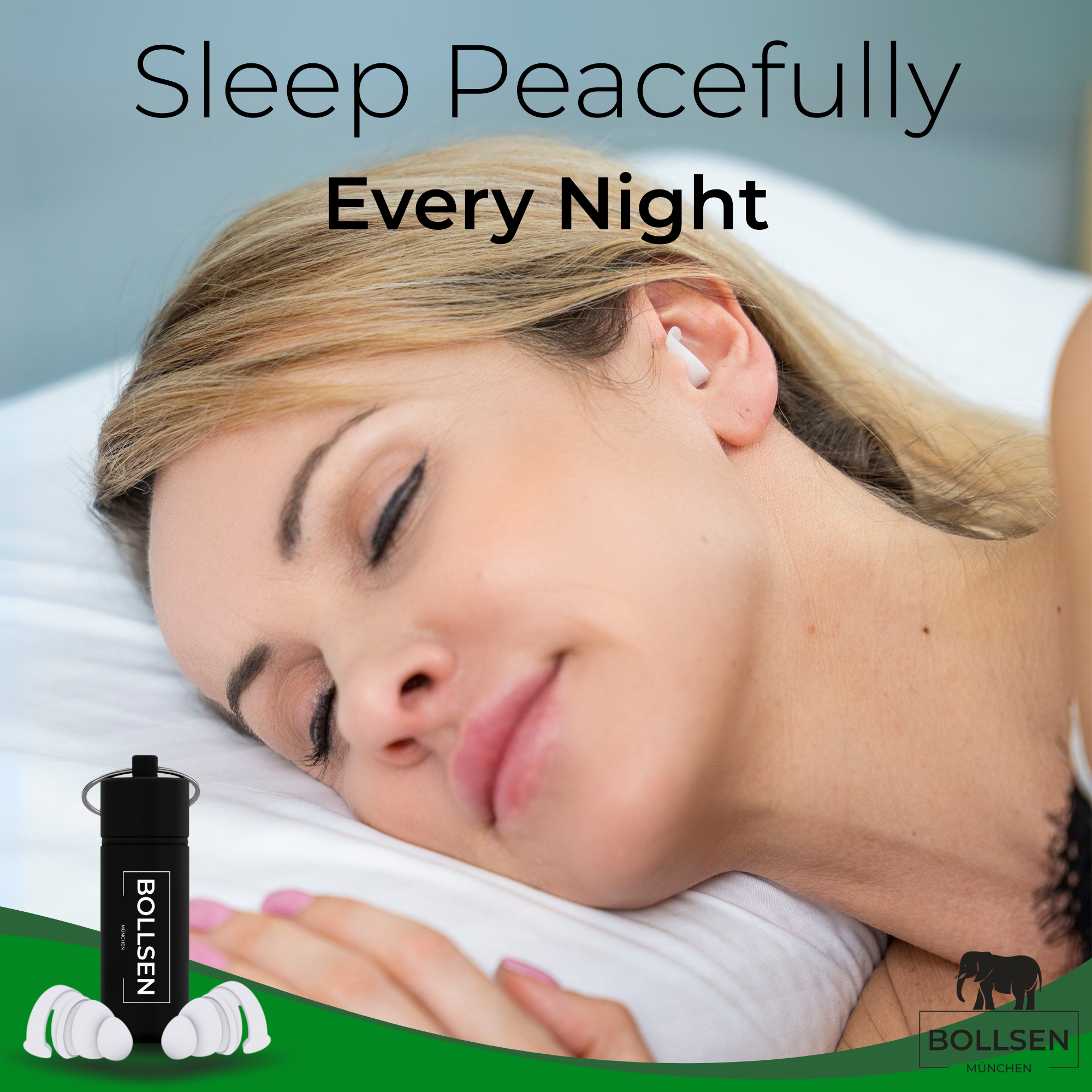 Woman sleeping peacefully with BOLLSEN Life+ earplugs for sleeping, showing soft fit and effective snoring noise reduction.