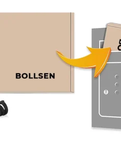 Black water bottle, grey box, beige package, and two black earplugs illustrated.