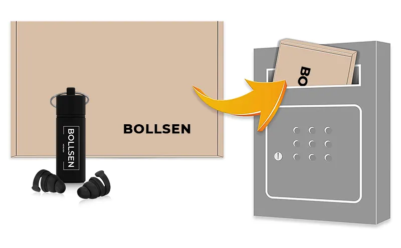 Black water bottle, grey box, beige package, and two black earplugs illustrated.