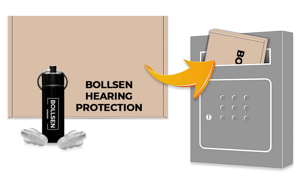 Black container with BOLLSEN Earplugs Hearing Protection and two clear earplugs beside it.