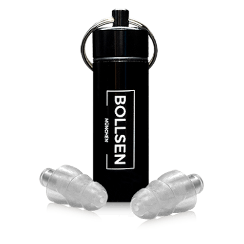 Black container with silver keyring and two clear BOLLSEN Earplugs Hearing Protection.