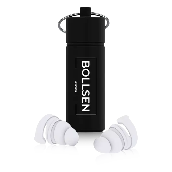Black container with BOLLSEN Earplugs Hearing Protection in white, placed on a light surface.
