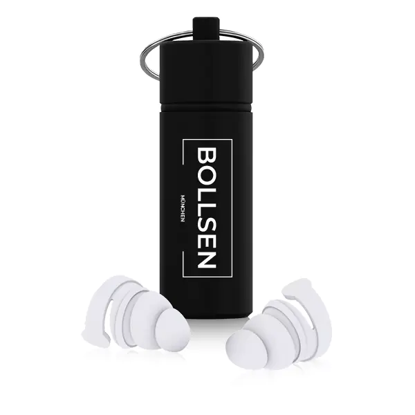 Black container with silver keyring and white BOLLSEN Earplugs Hearing Protection on a white background.