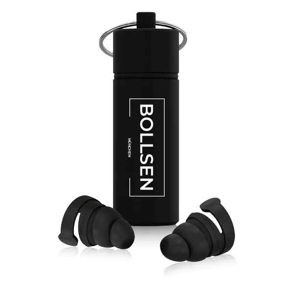 Black BOLLSEN Earplugs Hearing Protection beside a black cylindrical case with a keyring.
