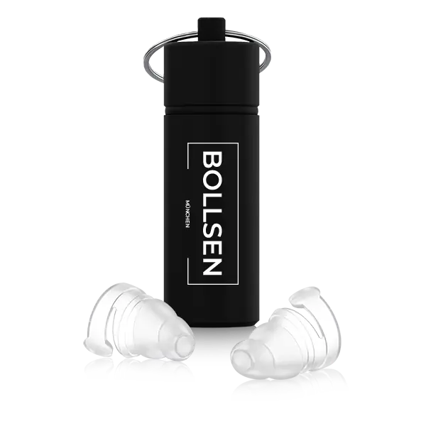 Black cylindrical case with BOLLSEN Earplugs Hearing Protection in white, two clear earplugs beside it.