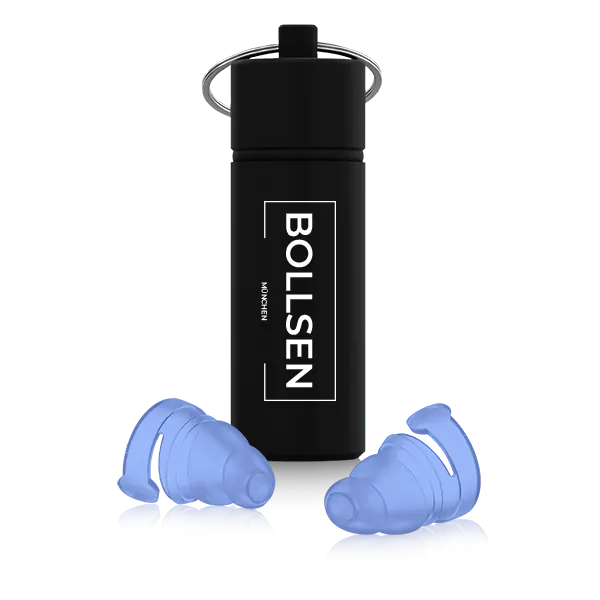 Black cylindrical case with silver lid, featuring blue BOLLSEN Earplugs Hearing Protection beside it.
