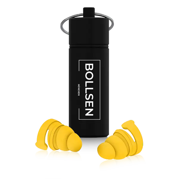 Black container with silver lid and yellow BOLLSEN Earplugs Hearing Protection beside it.