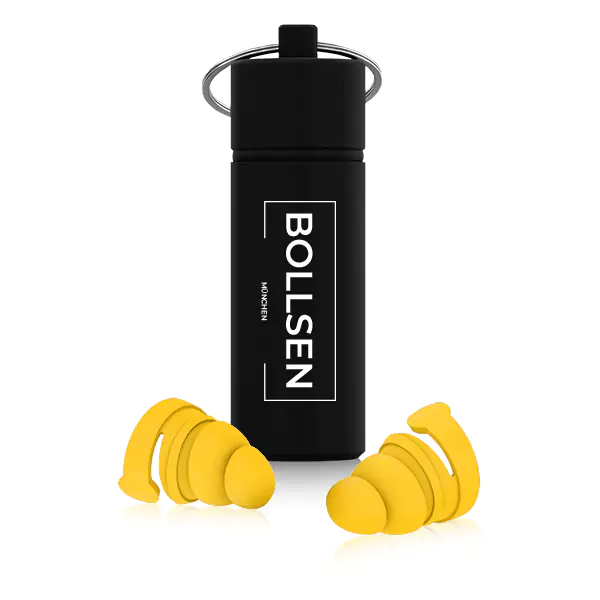 Black container with silver keyring and yellow BOLLSEN Earplugs Hearing Protection on white background.