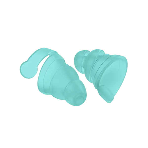 Two pairs of transparent turquoise BOLLSEN Earplugs Hearing Protection on a white background.