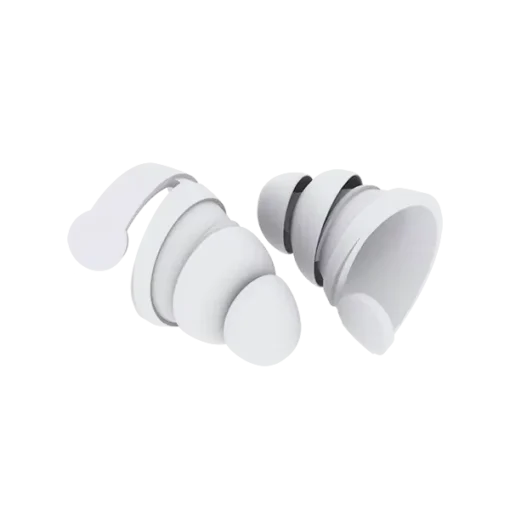Two white earplugs with a sleek, rounded design and black accents.