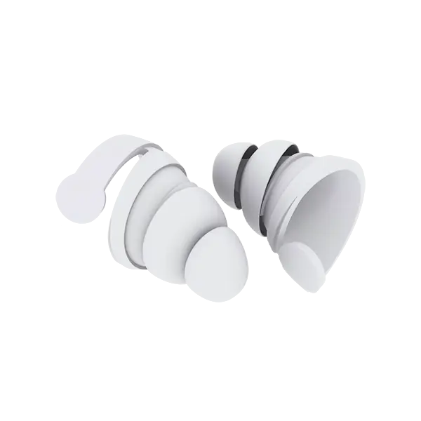 Two white earplugs with a sleek, rounded design and black accents.