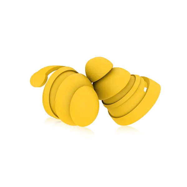 Yellow BOLLSEN Earplugs Hearing Protection with a spiral design, resting on a white background.