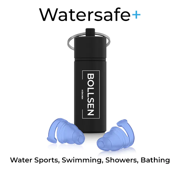 Black container with silver keyring and blue BOLLSEN Earplugs Hearing Protection on white background.